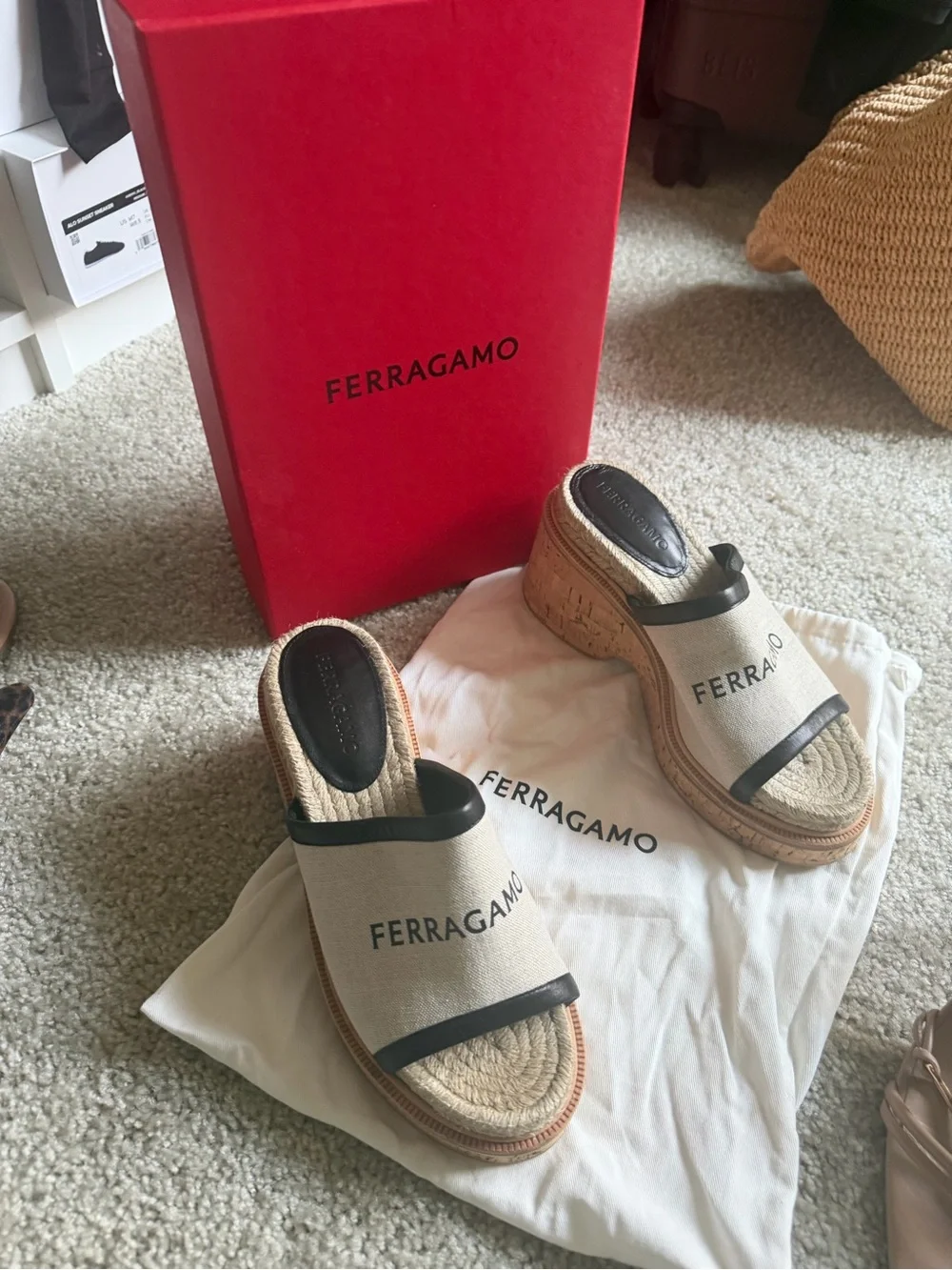 Salvatore Ferragamo Beige and Black Canvas Espadrille Wedge Slides
